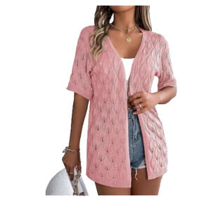 Pink Open Knit Cardigan L 3/4 Sleeve Feminine Boho Cottagecore Layering Light